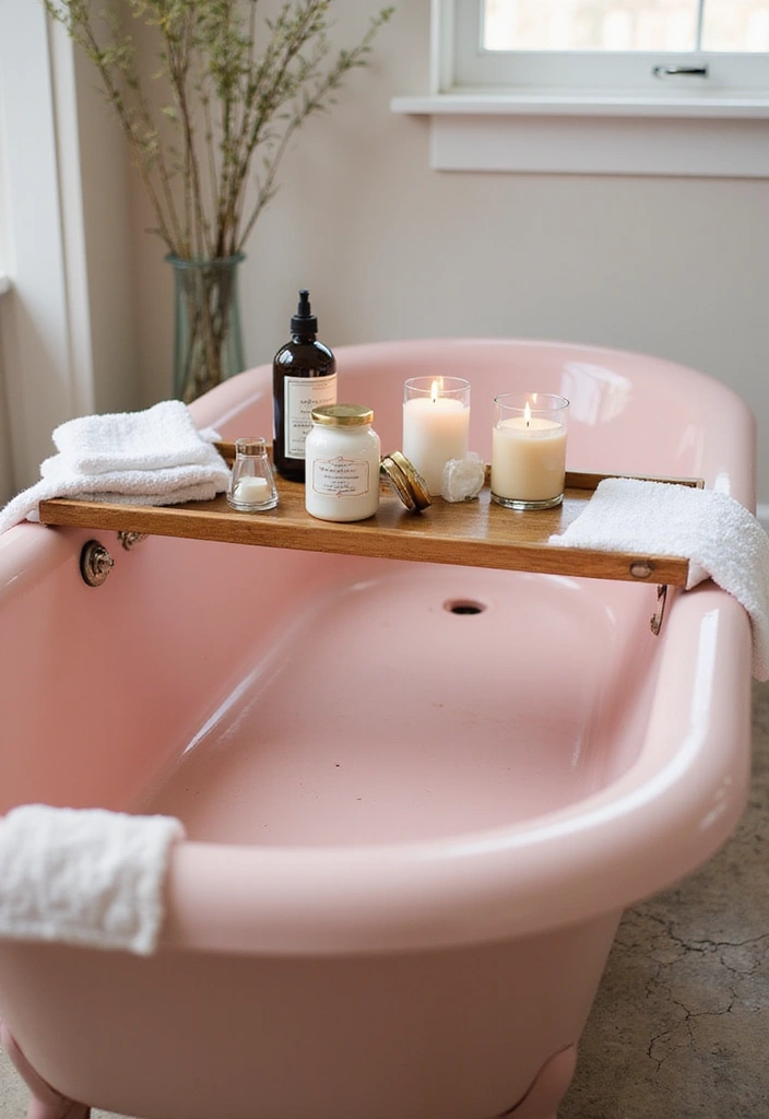 14 Vintage Pink Bathroom Ideas That Bring Timeless Charm to Your Home (Check Out #7!) - 12. Vintage Inspired Bathtub Trays