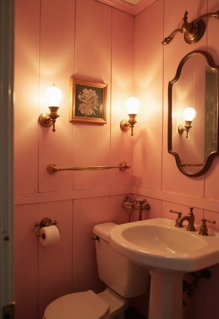14 Vintage Pink Bathroom Ideas That Bring Timeless Charm to Your Home (Check Out #7!) - 4. Vintage Lighting Fixtures