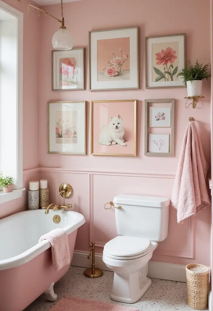 14 Vintage Pink Bathroom Ideas That Bring Timeless Charm to Your Home (Check Out #7!) - 7. Statement Wall Art